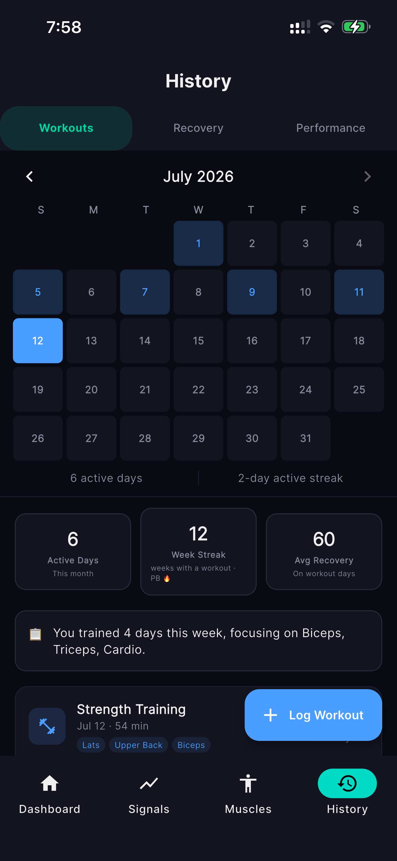 Workout history calendar